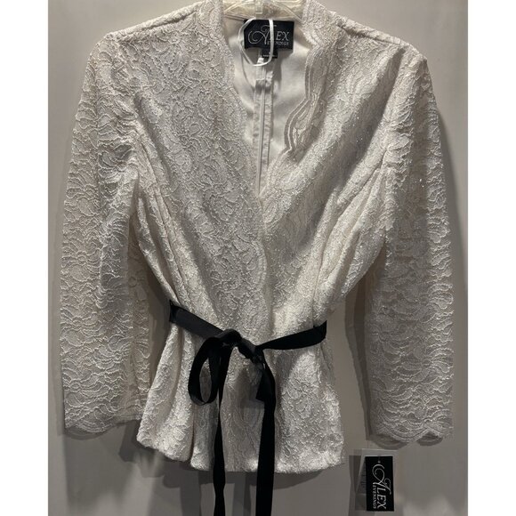 Alex Evenings elegant white lace top/black ribbon self-tie Size M NWT - Picture 1 of 8